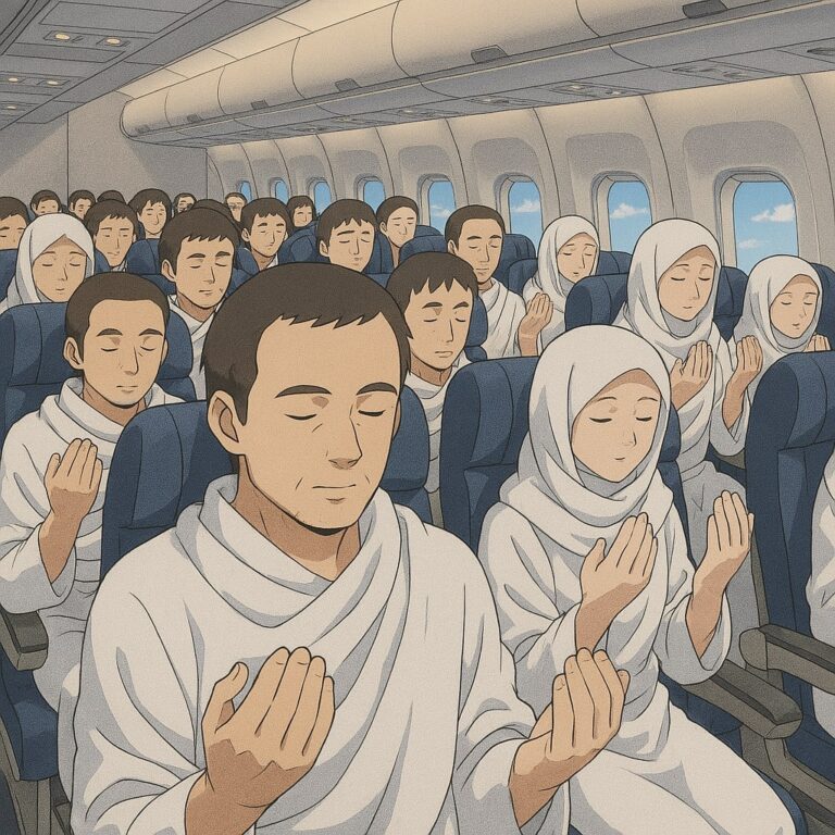 jamaah umroh sedang berihram karena sedang melewati miqat dari atas pesawat